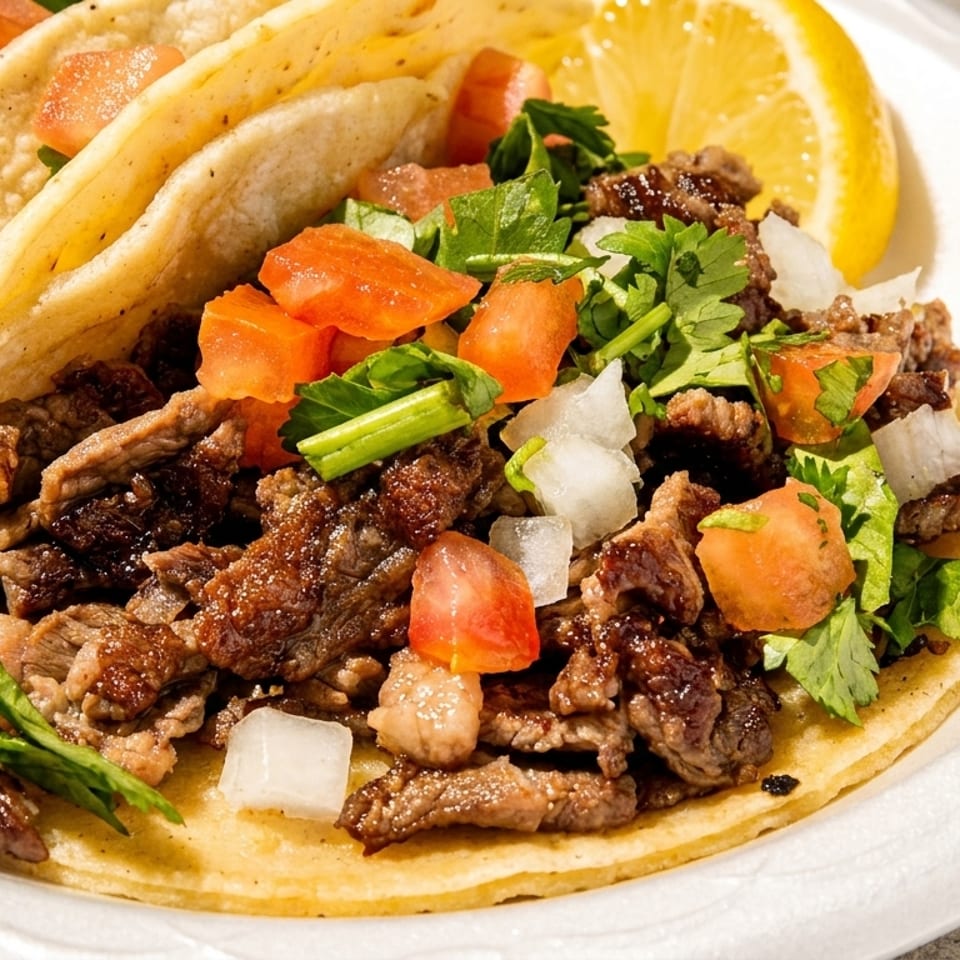 Two carne asada tacos with cilantro, diced tomatoes, onions, and a lemon slice on a white plate.
