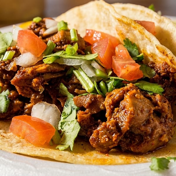 Two corn tortilla tacos filled with seasoned meat, topped with diced tomatoes, onions, and cilantro.