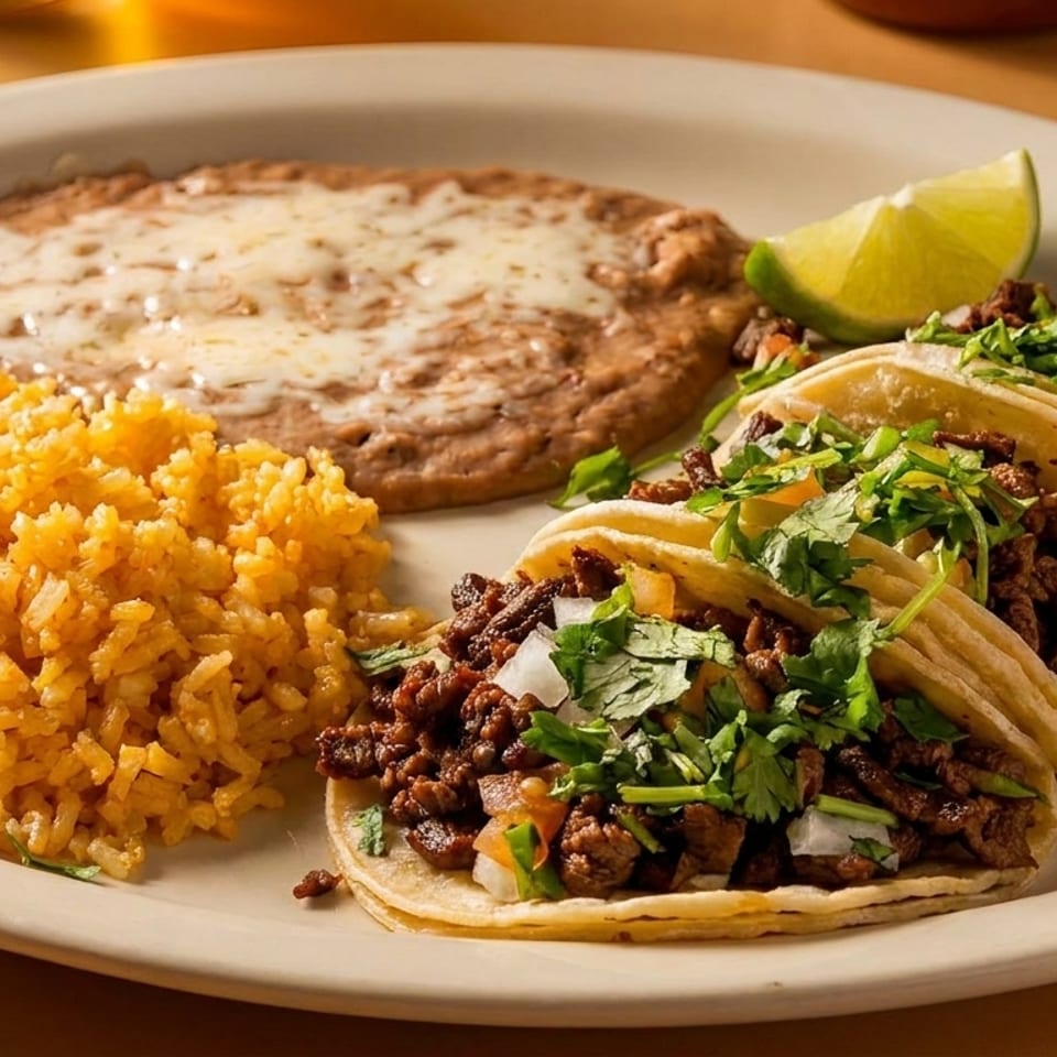 Plate of three carne asada tacos, yellow rice, and cheesy refried beans with a lime.