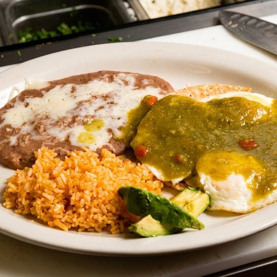 Plate of huevos rancheros with green salsa, refried beans, rice, and avocado slices.