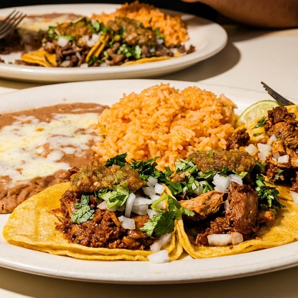Plate of three street tacos with meat, cilantro, onions, salsa, refried beans, and orange rice.